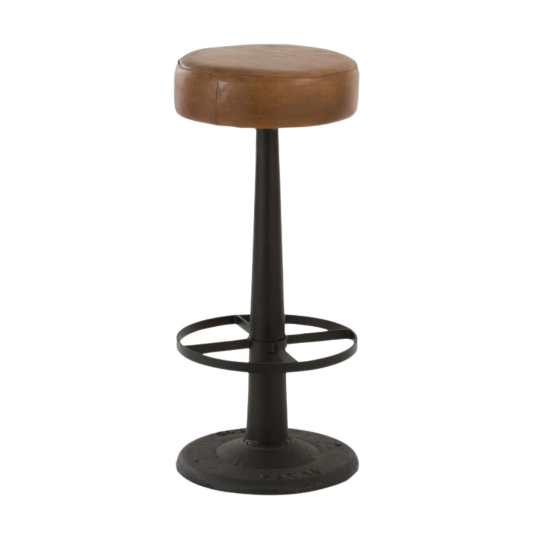 Brown leather Bill Bar Stool with black metal base on a white background