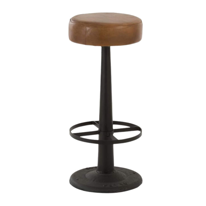 Full view of the Bill Bar Stool with iron base and leather cushion.