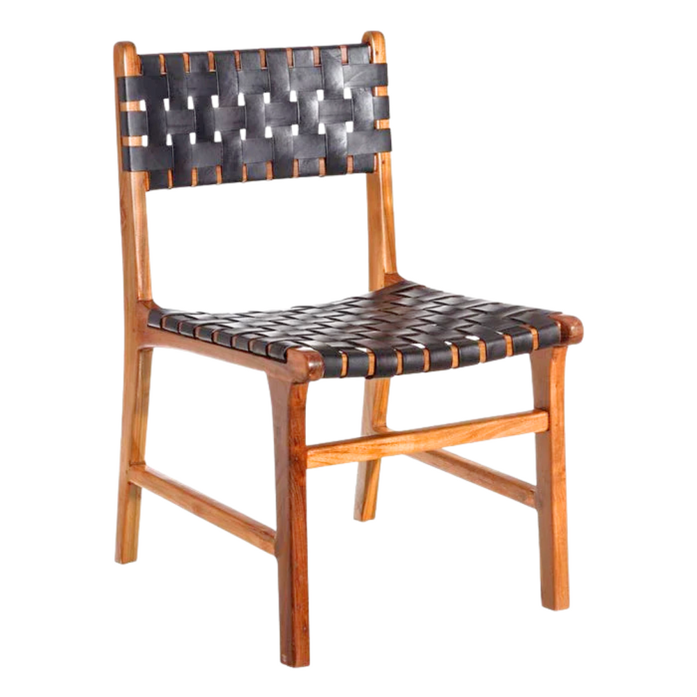 Front view of Bill teak and leather dining chair with natural wood frame.