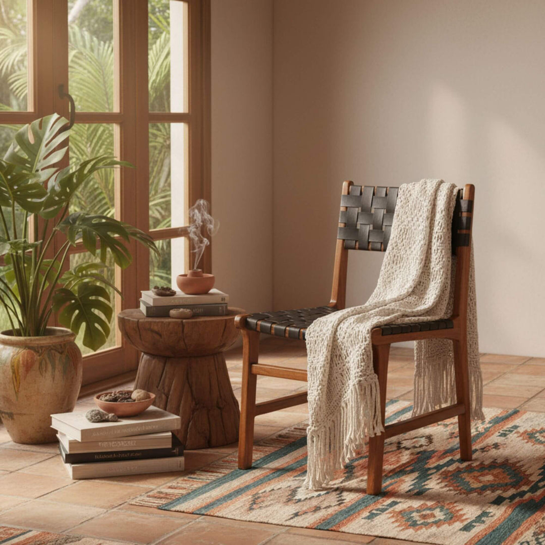 Cozy living room featuring Bill teak and leather dining chair