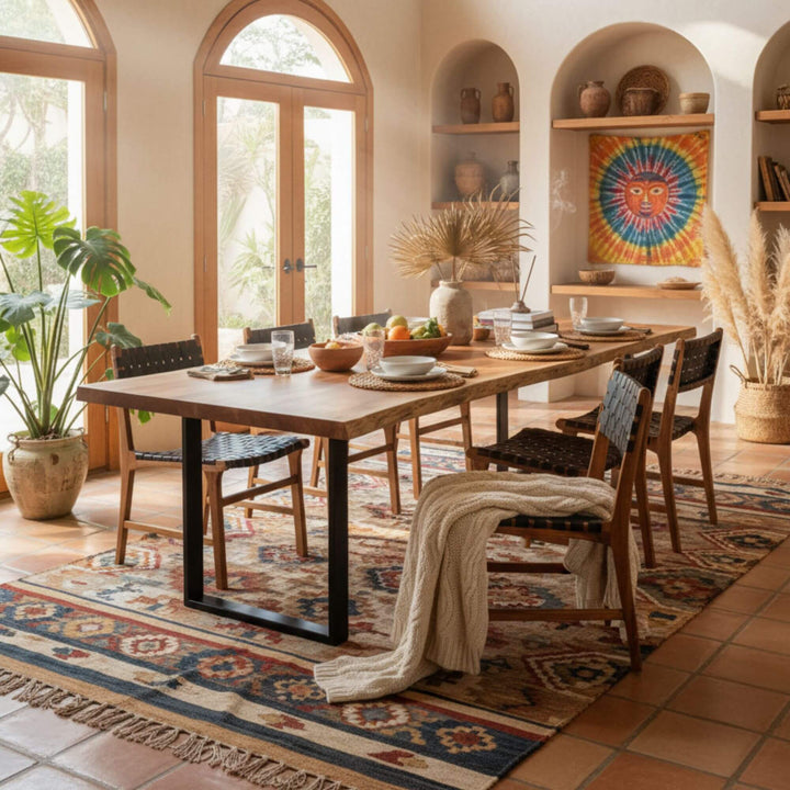 Cozy living room featuring Bill teak and leather dining chair and Acacia dining table