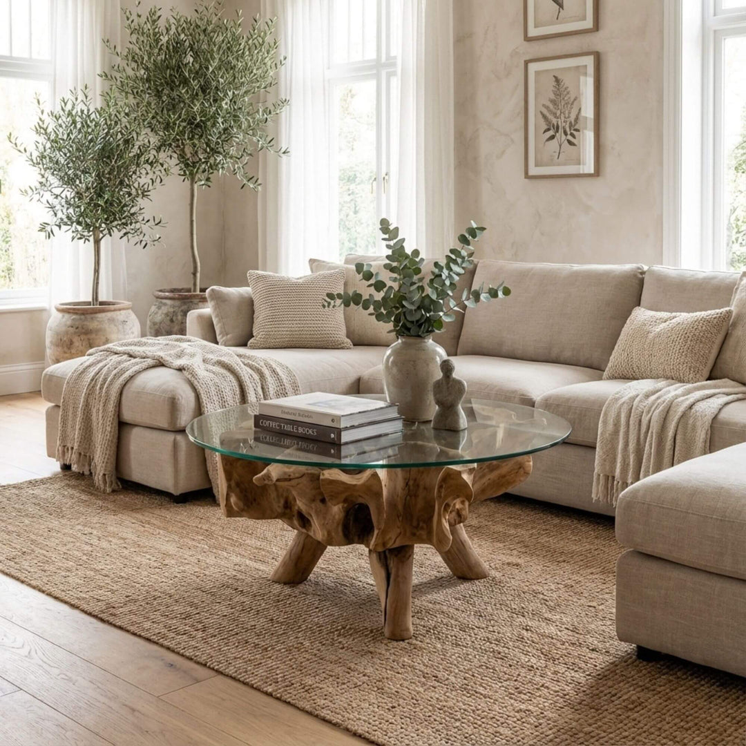 Styled interior view of 80cm Bintan Teak Root Coffee Table placed in a living room, highlighting its sculptural base and glass top.
