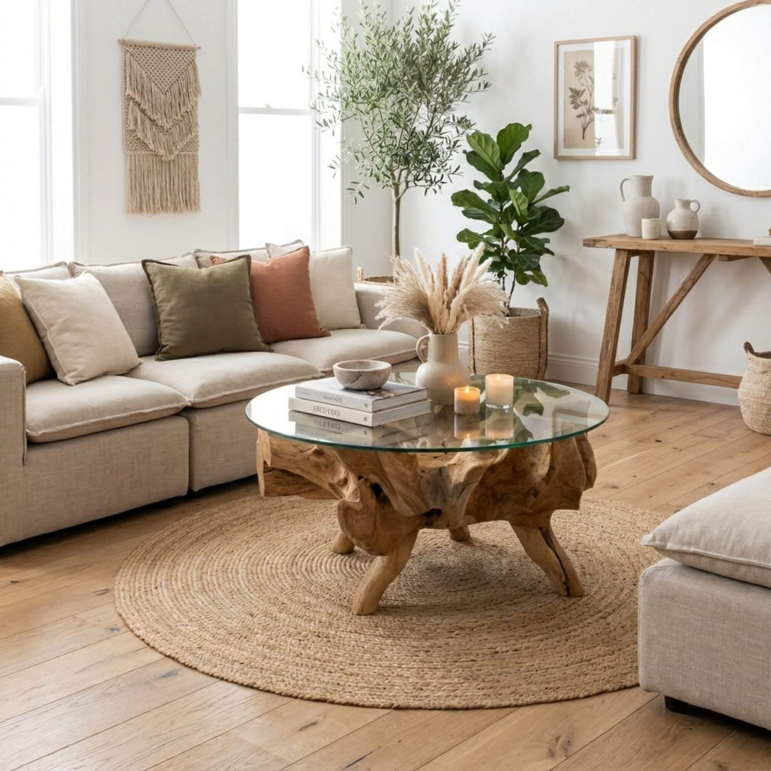 Styled interior view of 100cm Bintan Teak Root Coffee Table placed in a living room, highlighting its sculptural base and glass top.