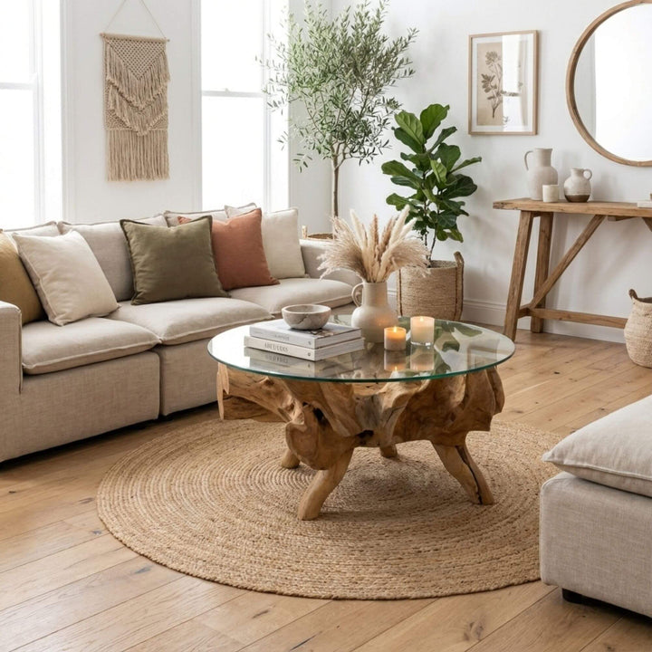 Styled interior view of 100cm Bintan Teak Root Coffee Table placed in a living room, highlighting its sculptural base and glass top.