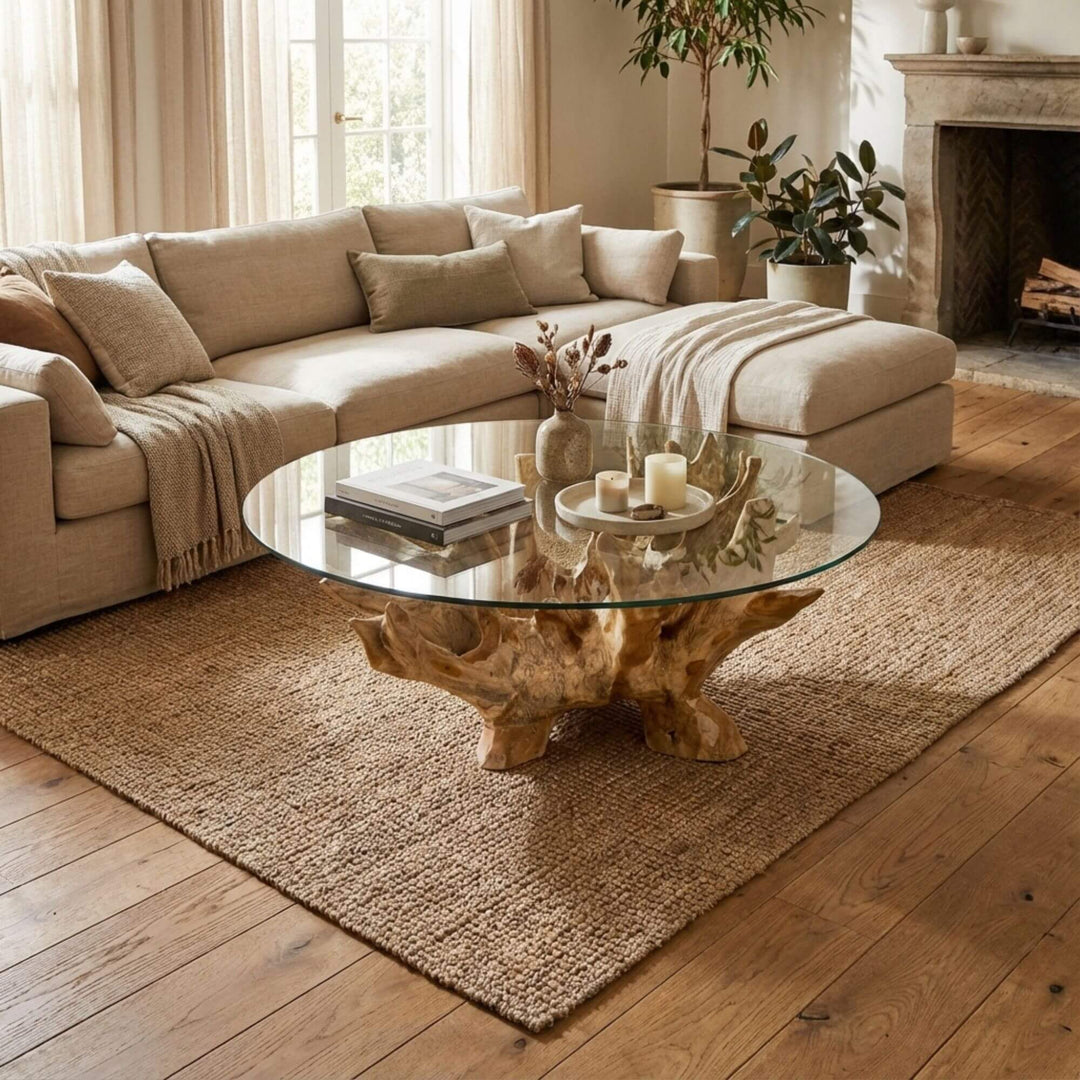 Styled interior view of 120cm Bintan Teak Root Coffee Table placed in a living room, highlighting its sculptural base and glass top.