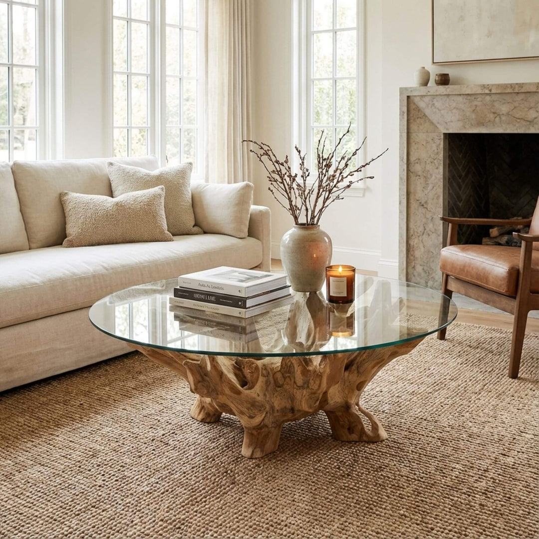 Styled interior view of 140cm Bintan Teak Root Coffee Table placed in a living room, highlighting its sculptural base and glass top.