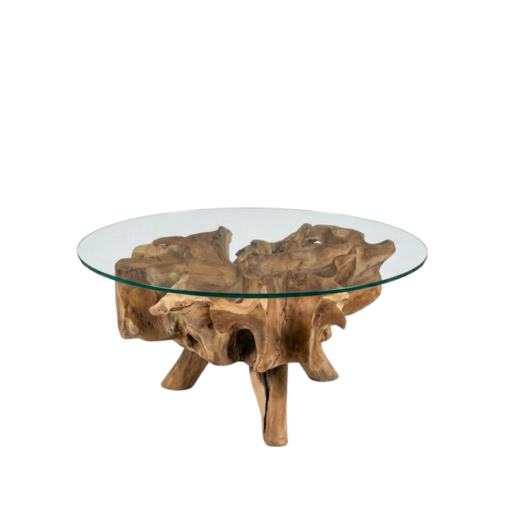 Front view of 80cm Bintan Teak Root Coffee Table showing the organic root structure beneath the tempered glass.