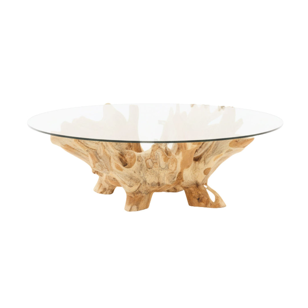 Front view of Bintan Teak Root Coffee Table with round glass top.