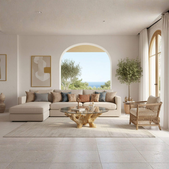 Coffee table styled in a bright living room with natural décor.