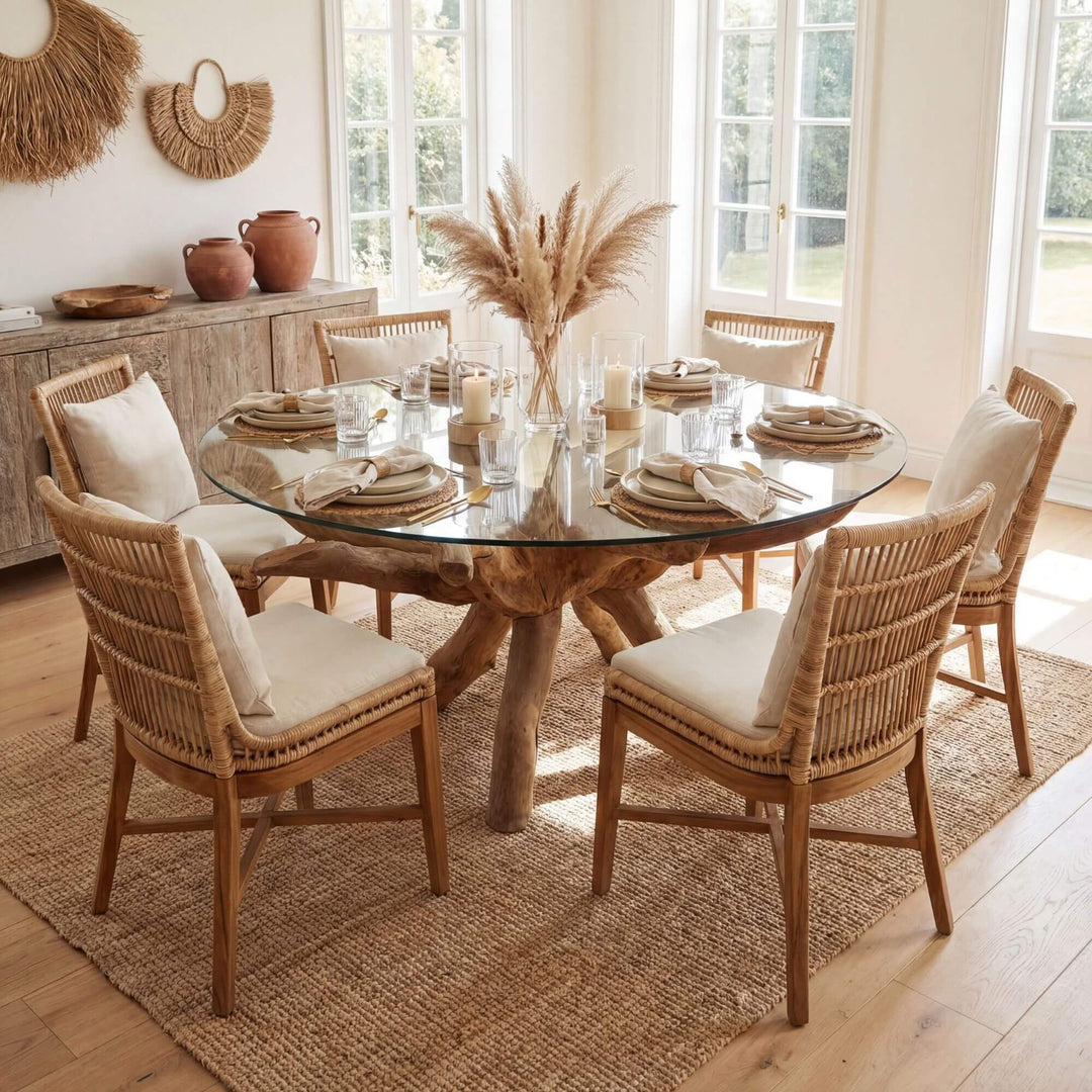 Styled dining room setting featuring the Bintan root table with natural decor.