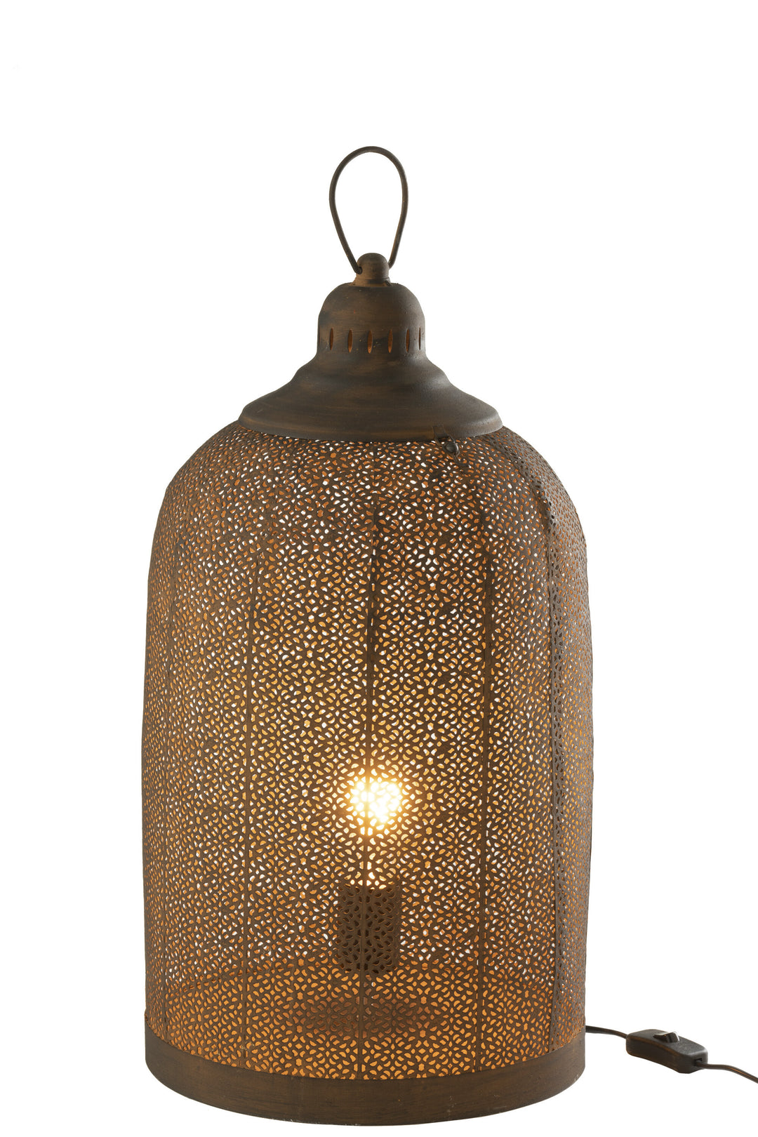 Birds table lamp in antique bronze metal with lattice design on white background.