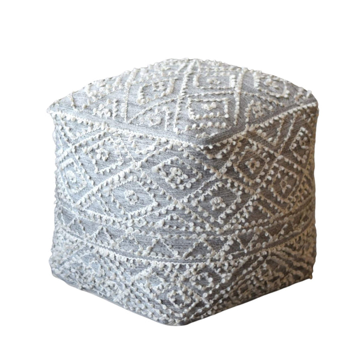 Angled view of the grey Birla Puff showing detailed woven surface.