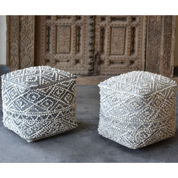 View of the Birla Puff in grey and white with geometric textured pattern.