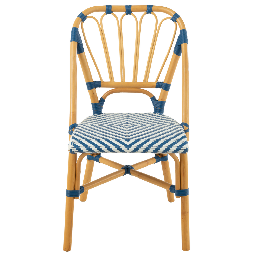 Riviera bistro dining chair in rattan with blue-and-white striped seat, front view.