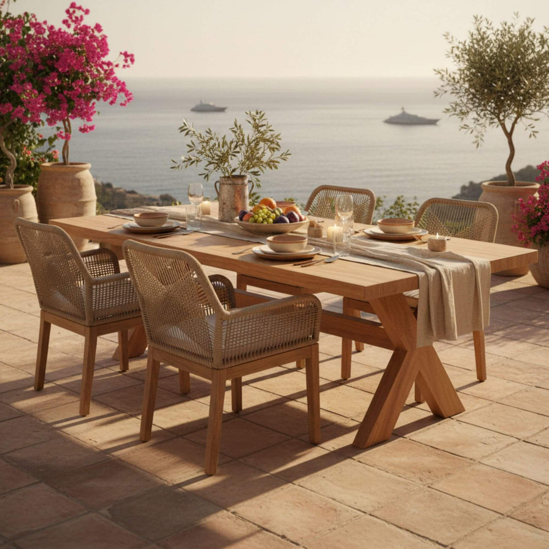 Outdoor boho setting of Biyadhoo Dining chair and Santorini dining table