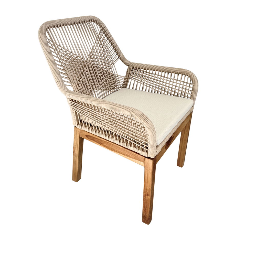 Biyadhoo Rope Dining Chair in teak and beige outdoor rope - full view