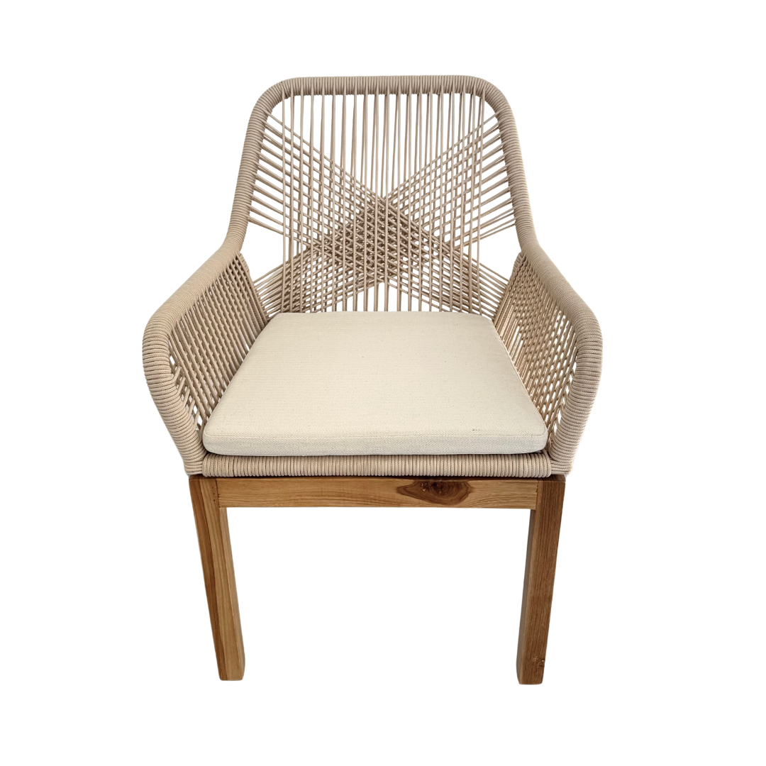 Biyadhoo Rope Dining Chair in teak and beige outdoor rope - full front view
