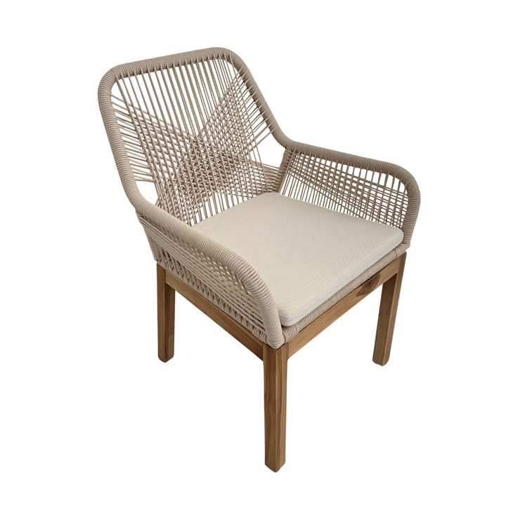 Biyadhoo Rope Dining Chair in teak and beige outdoor rope - full view side