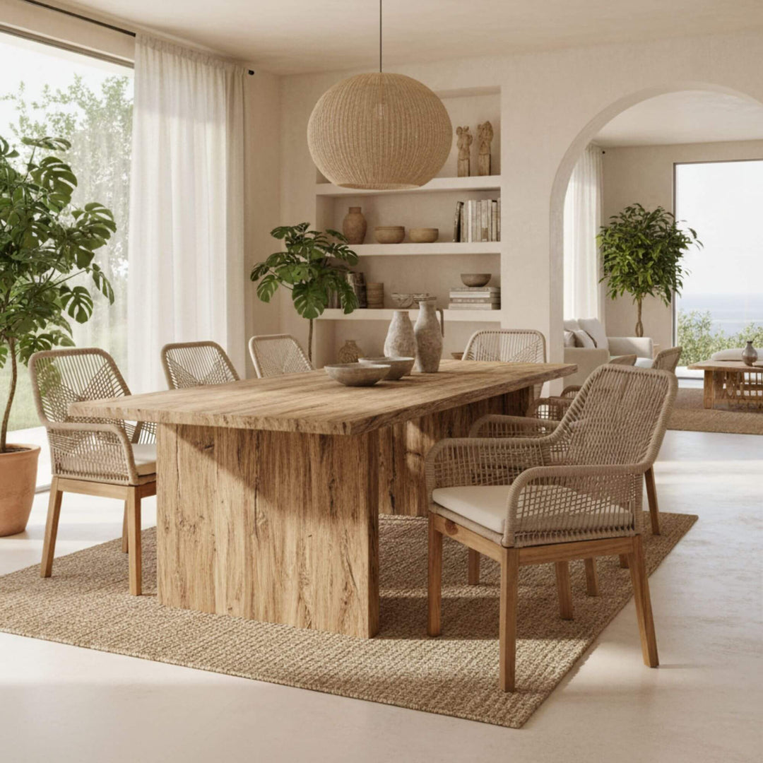 Dining room with wooden table and Biyadhoo rope dining chairs in a bright, naturally lit room.