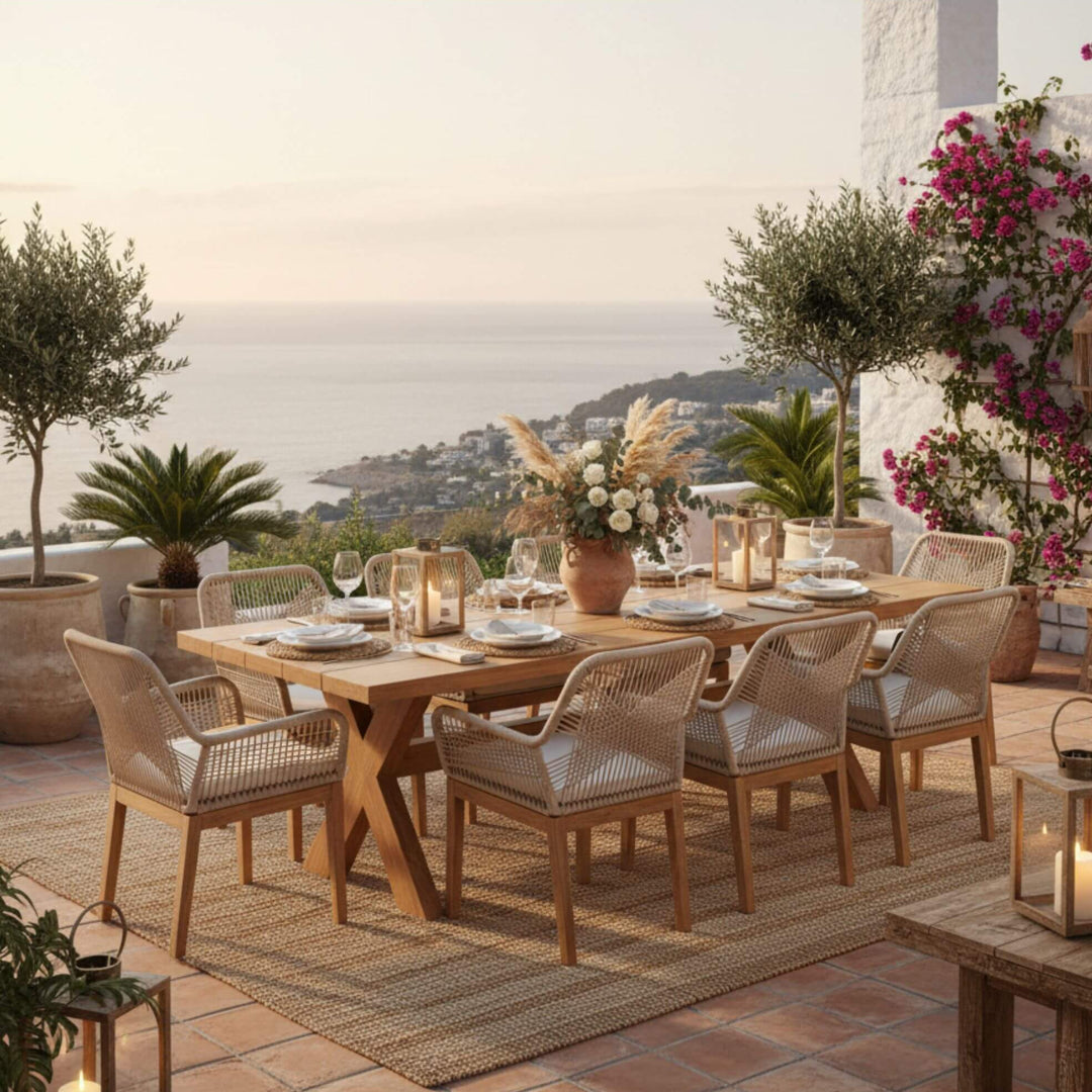 Outdoor boho setting of Biyadhoo Dining chair and Santorini dining table