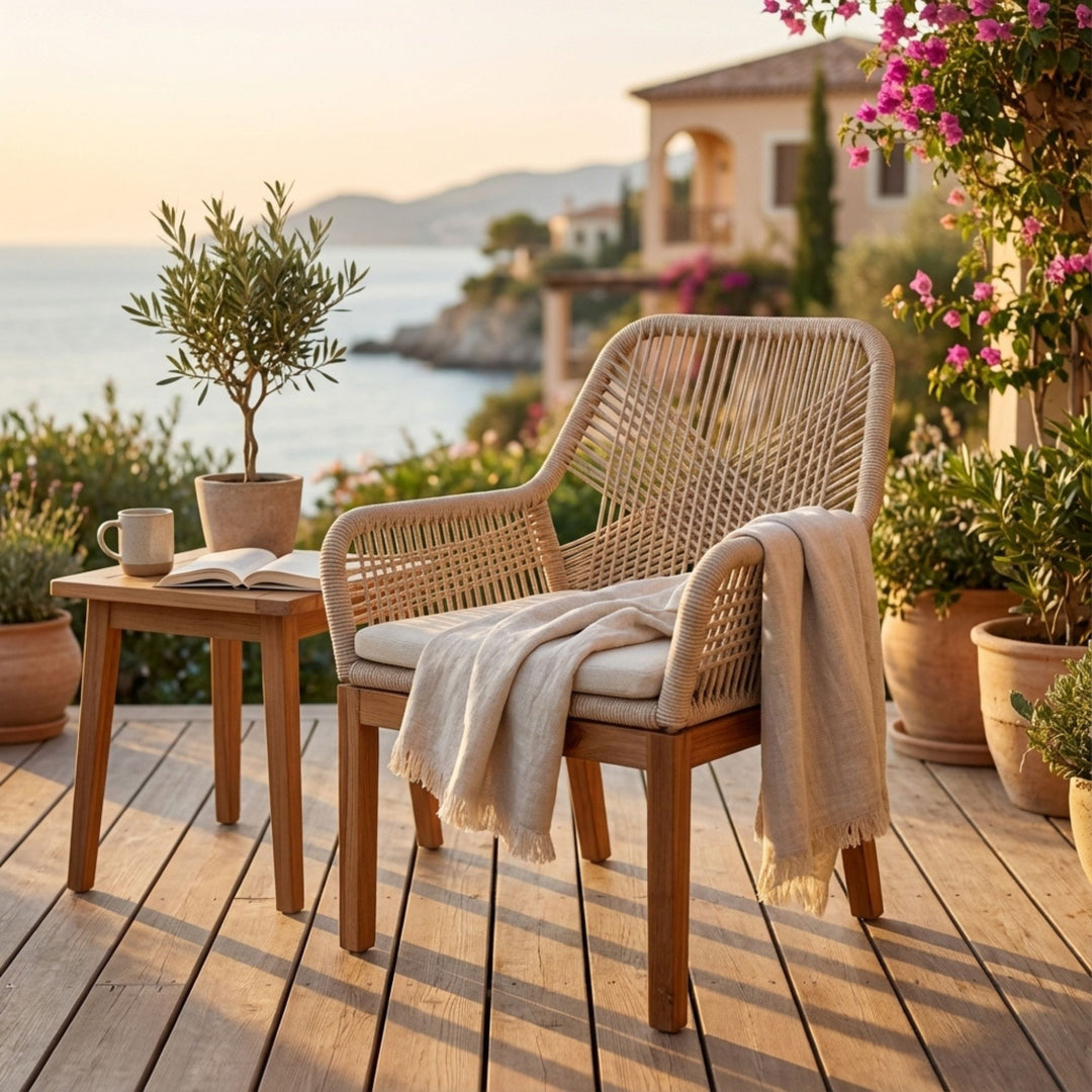 Outdoor boho setting of Biyadhoo Dining chair and Santorini dining table