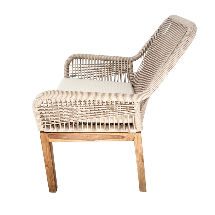 Biyadhoo Rope Dining Chair in teak and beige outdoor rope - full side view