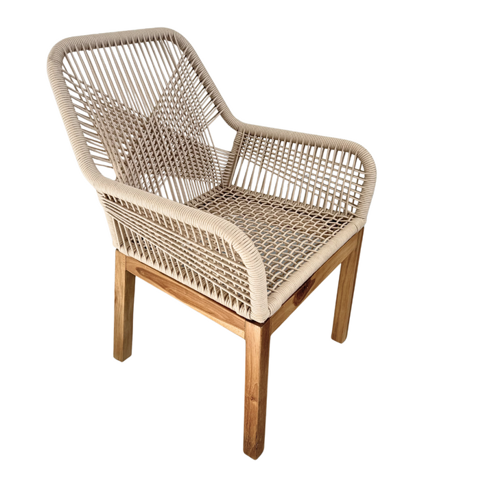 Biyadhoo Rope Dining Chair in teak and beige outdoor rope - full view wihout cushion