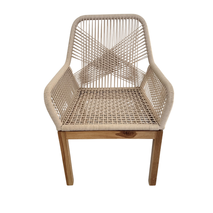 Biyadhoo Rope Dining Chair in teak and beige outdoor rope - full front view without cushion