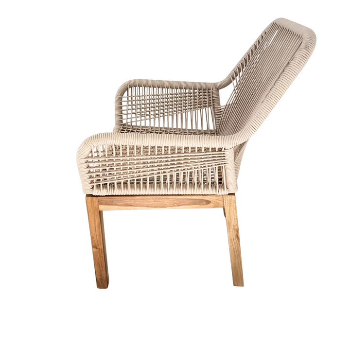 Biyadhoo Rope Dining Chair in teak and beige outdoor rope - full side view without cushion