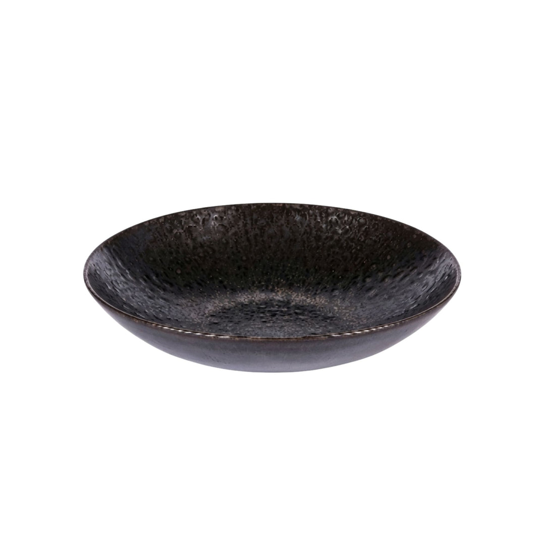 Top view of black basalt soup plate showing natural texture and matte finish.