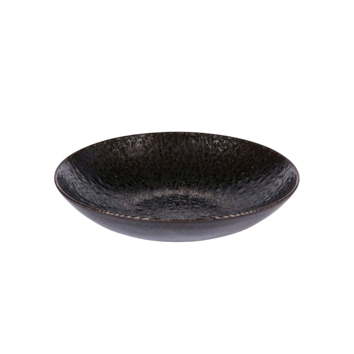 Top view of black basalt soup plate showing natural texture and matte finish.