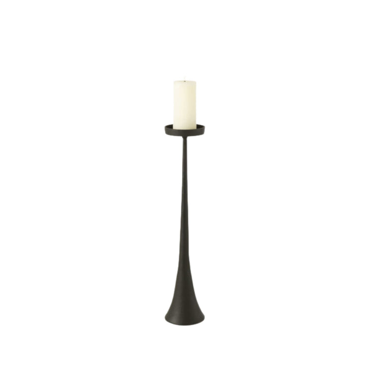 Front view of small Black Candle Stand highlighting its elongated form and minimalist design.