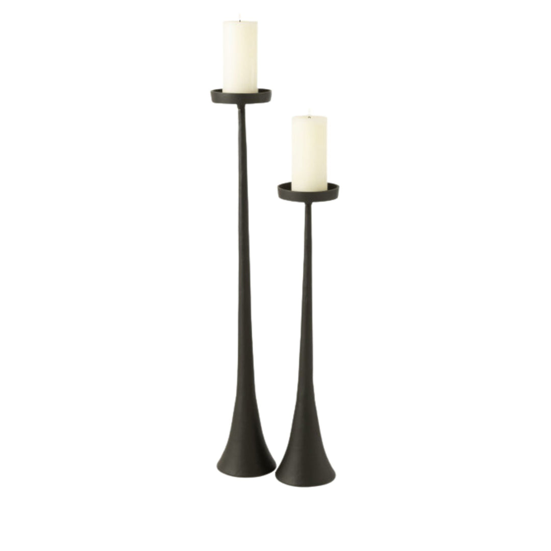 Group view of Black Candle Stands in two heights showcasing their slender metal silhouettes and matte black finish.