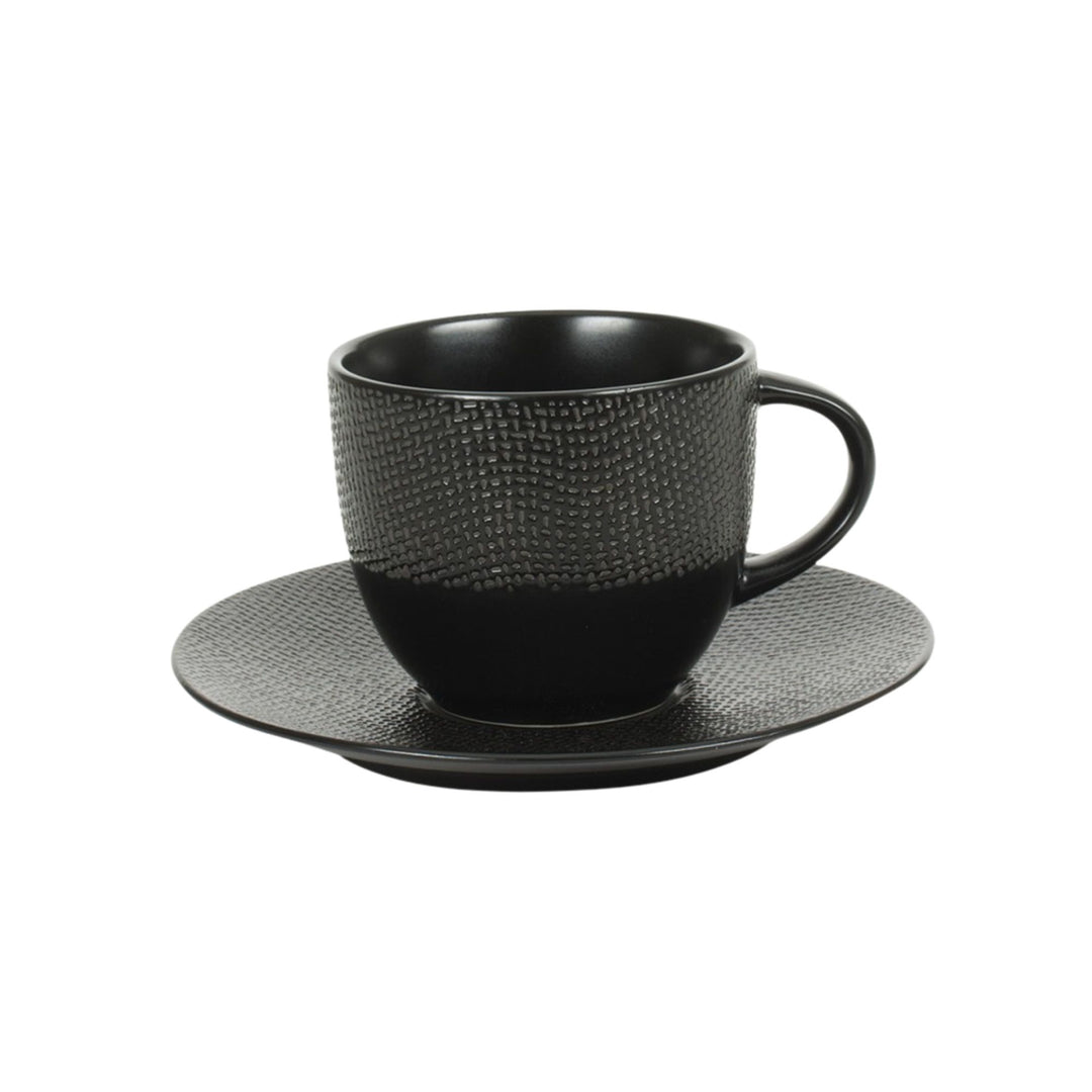 Black ceramic coffee cup and saucer from the Vesuvio tableware series.