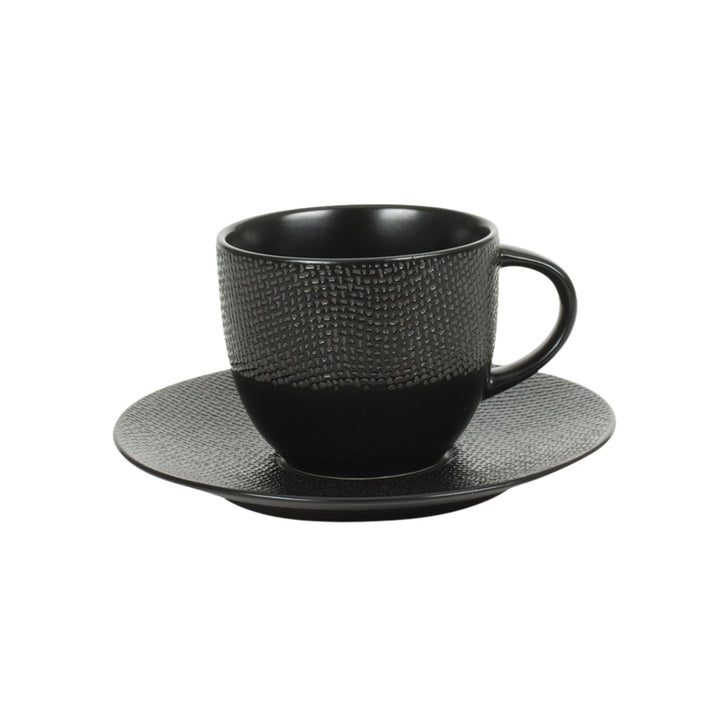 Black ceramic coffee cup and saucer from the Vesuvio tableware series.