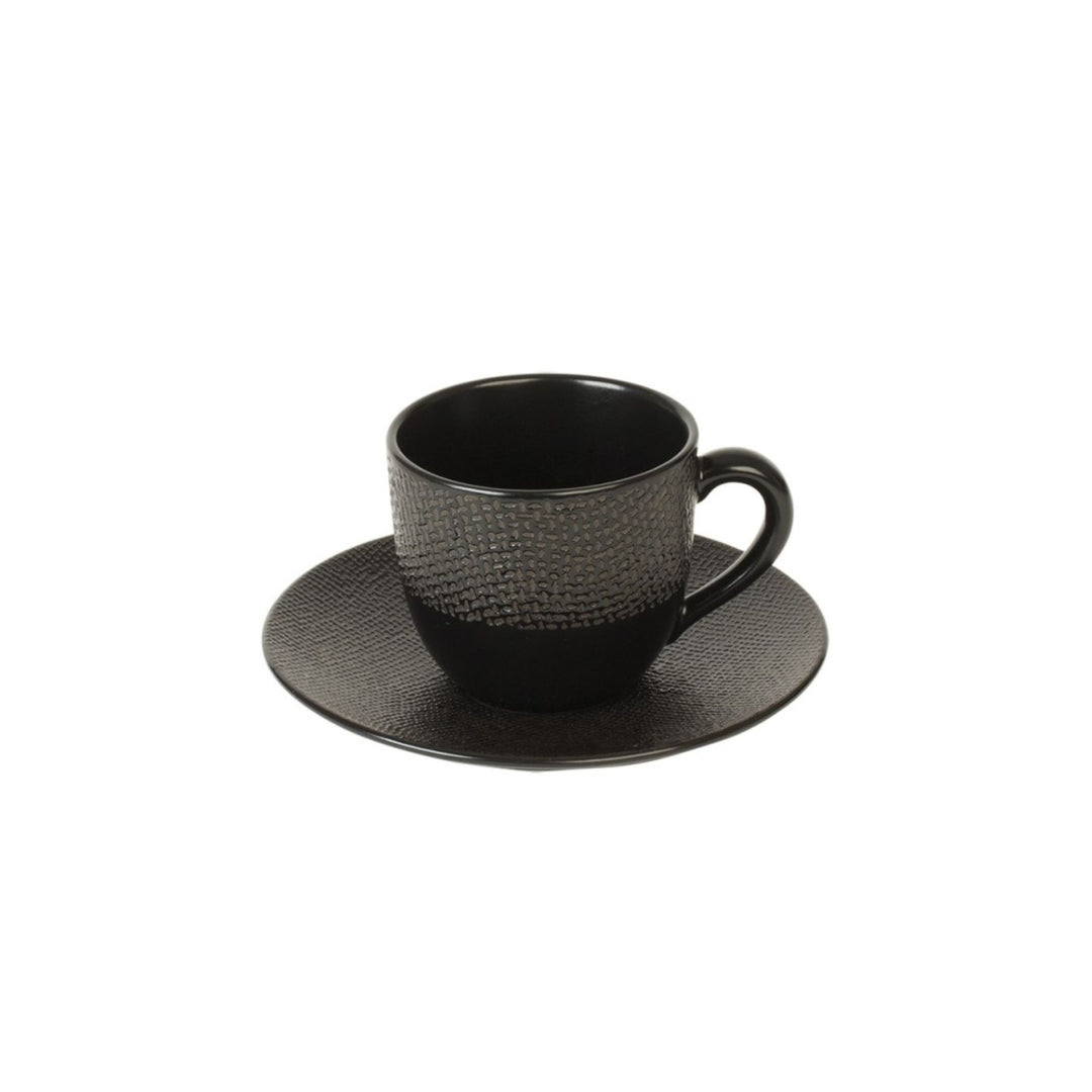 Black ceramic espresso cup and saucer from the Vesuvio tableware series.