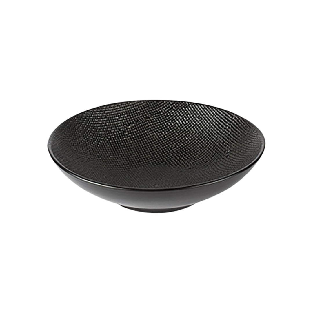 Black Vesuvio ceramic soup bowl with smooth interior and textured exterior.