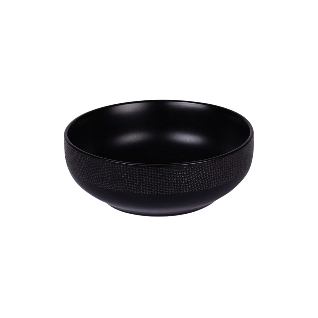 Black Vesuvio ceramic bowl with smooth interior and textured exterior.