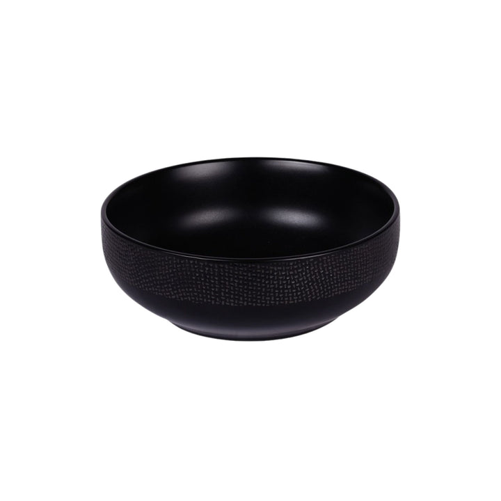 Black Vesuvio ceramic bowl with smooth interior and textured exterior.
