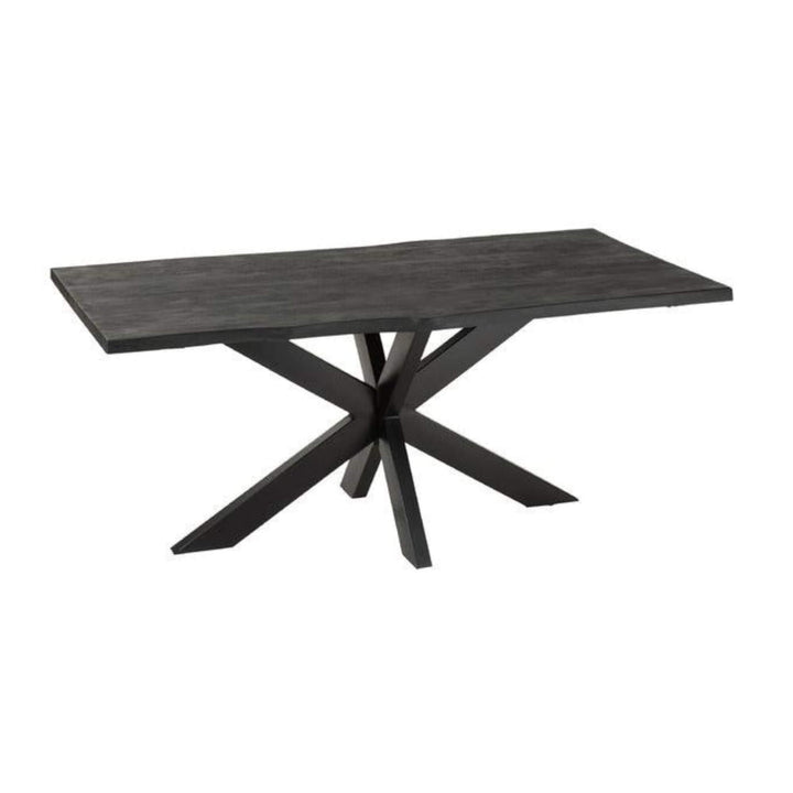 Front angled view of the 180 cm Black Acacia Dining Table showing the sculptural black metal base.