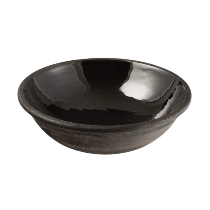 Medium 30 cm Black Plake Bowl showcasing glossy interior and textured wood exterior.