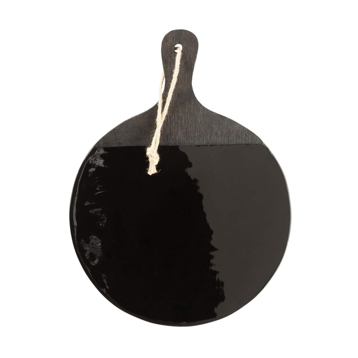 Black Plake Round Tray in mango wood with glossy black finish, angled front view.