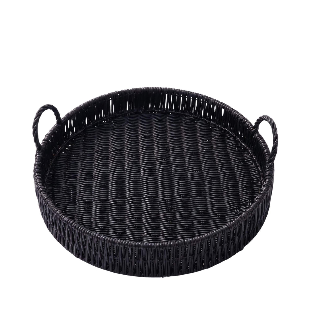 Front view of the black round tray showing its woven texture and side handles.