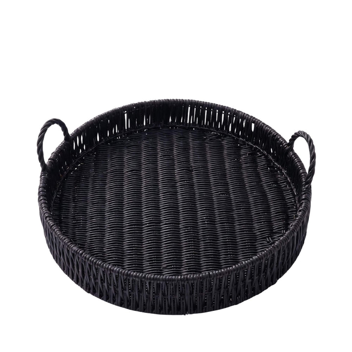 Front view of the black round tray showing its woven texture and side handles.