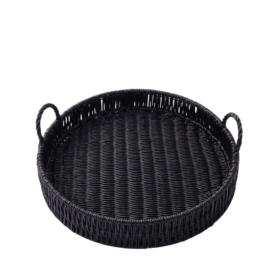 Front view of the large black round tray showing its raised edge and circular shape.
