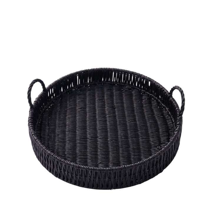 Front view of the large black round tray showing its raised edge and circular shape.