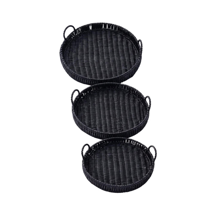 Set of three black round trays in different sizes with woven finish.