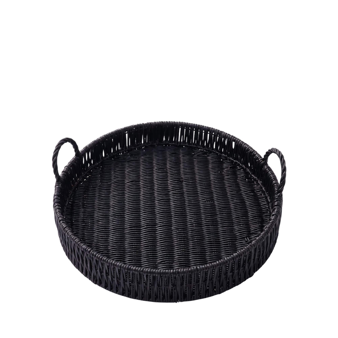 Front view of the medium black round tray with woven texture and integrated handles.