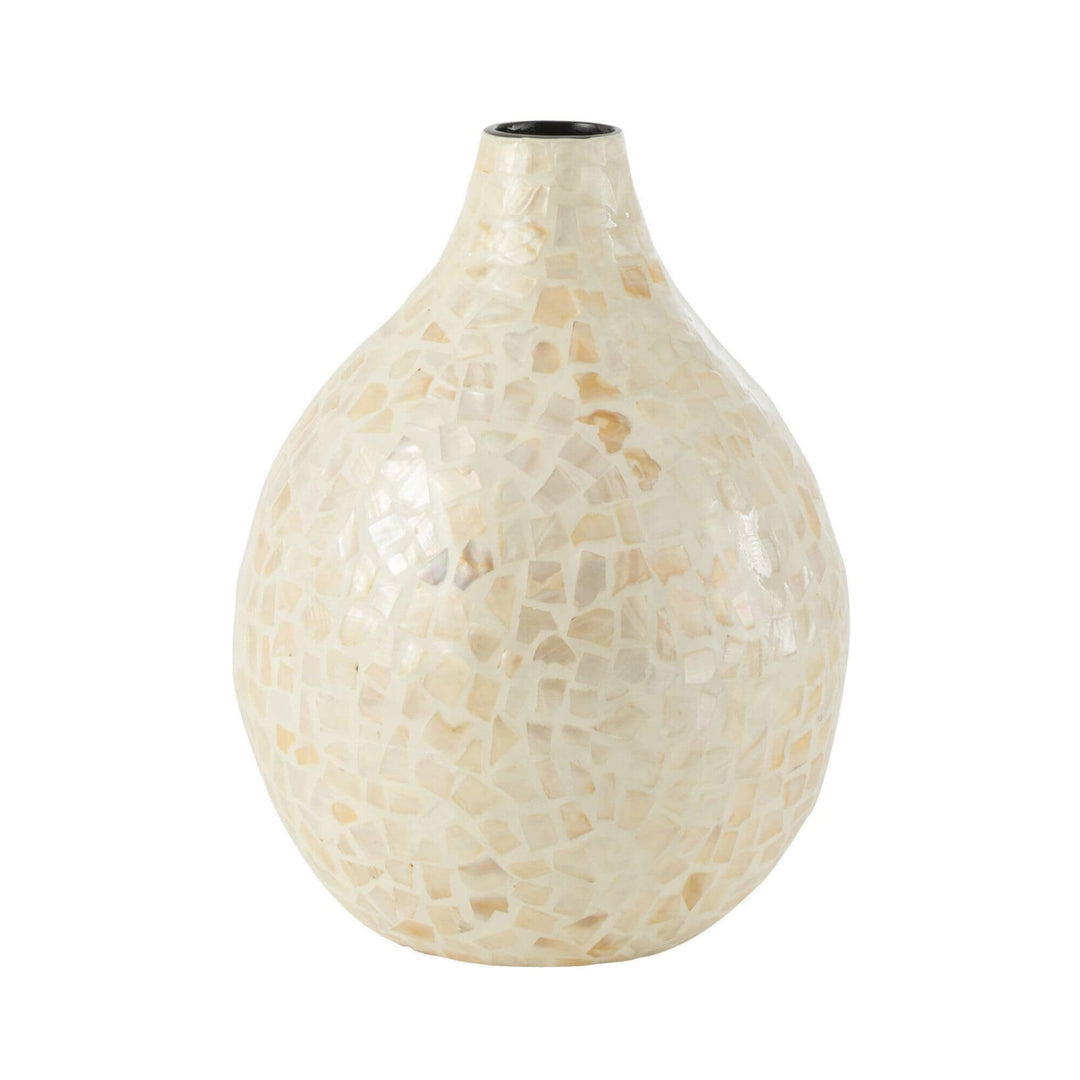 Front view of the Blanca Capiz Vase with natural pearlescent capiz mosaic finish.