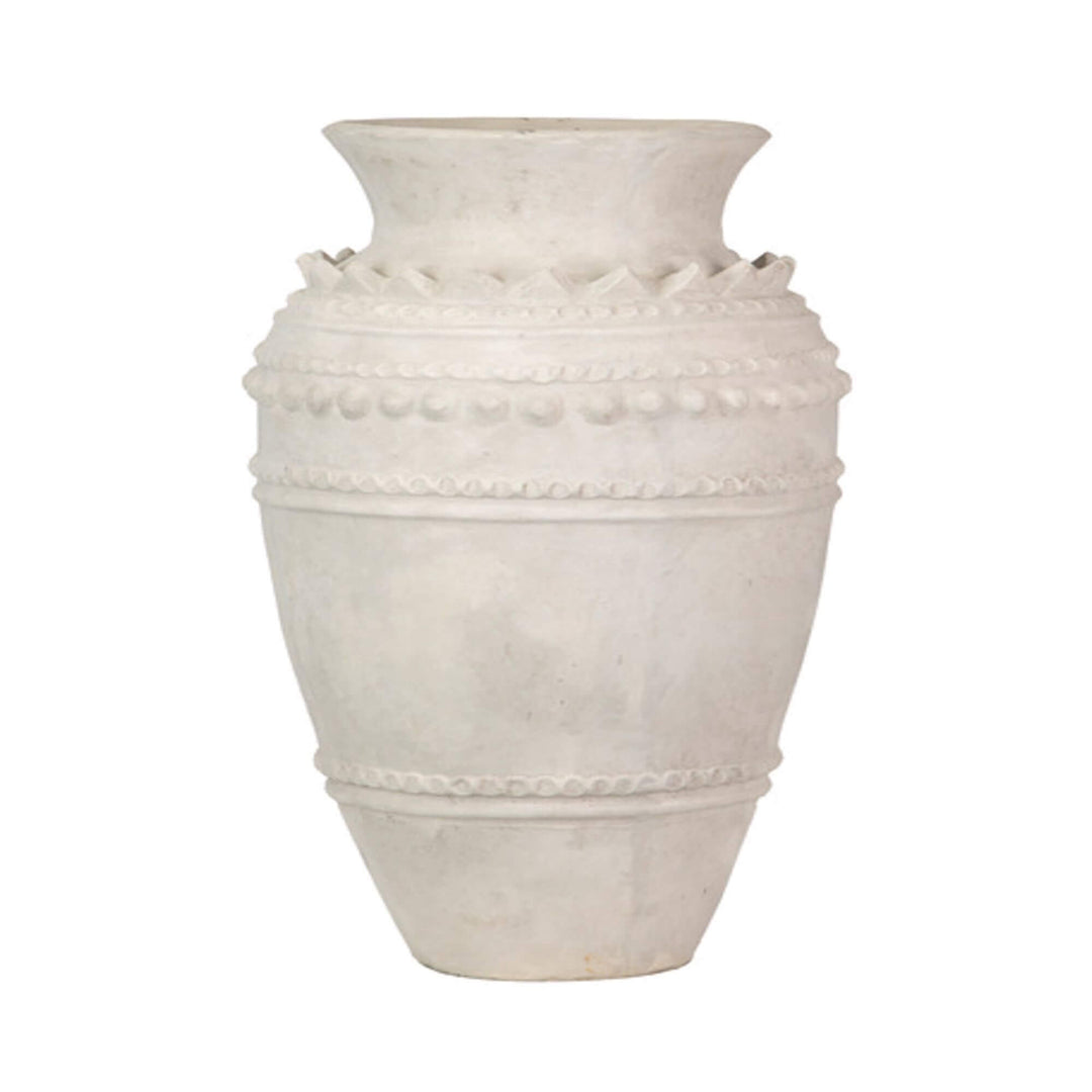 Front view of the large Blanca Terracota Vase with whitewashed finish and decorative detailing.